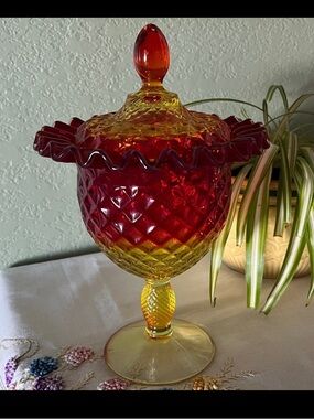 Vintage Fenton Amberina Diamond Point Ruffled Compote Candy Dish - Glows
